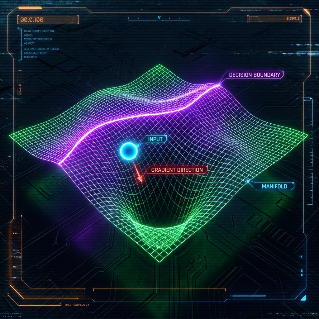 3D surface plot showing a decision boundary as a ridge, with an input point and a gradient vector pointing into a deep valley, visualizing the adversarial subspace.