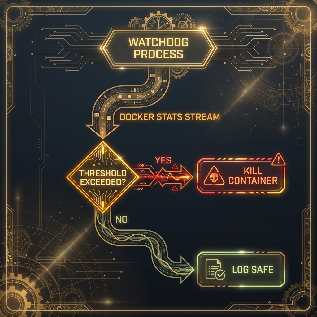 Logic flowchart of the safety watchdog script, monitoring Docker stats and triggering a container kill command if thresholds are exceeded.