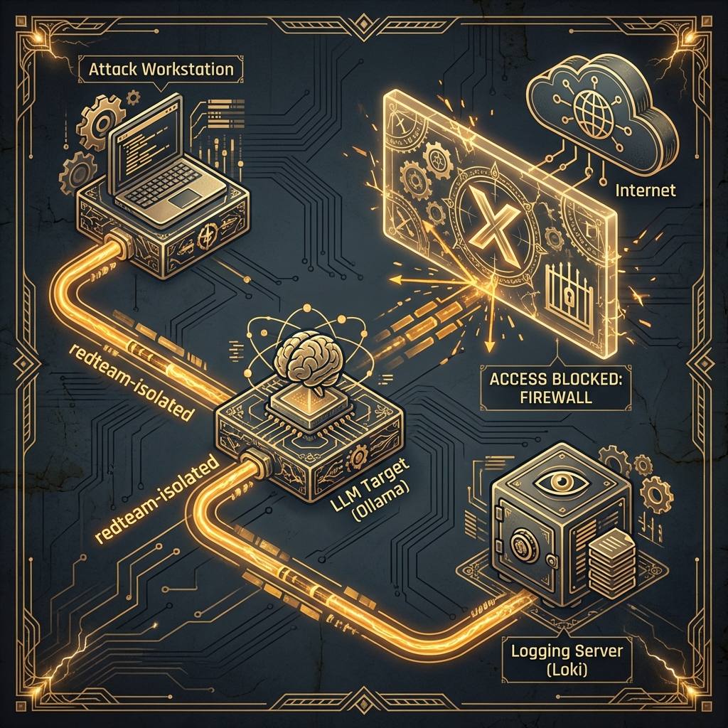 Architectural diagram of the Docker-based isolated red team lab environment.