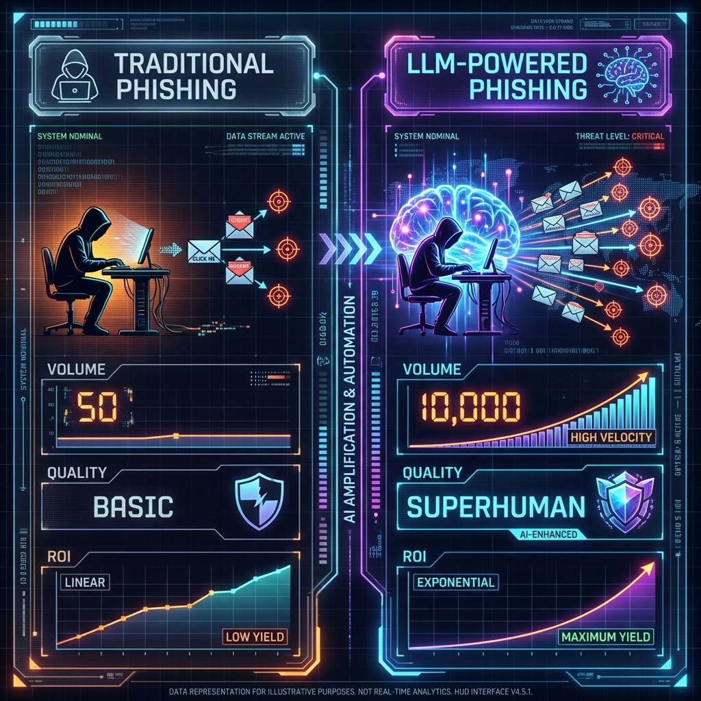Traditional vs LLM-Powered Phishing Economics Infographic
