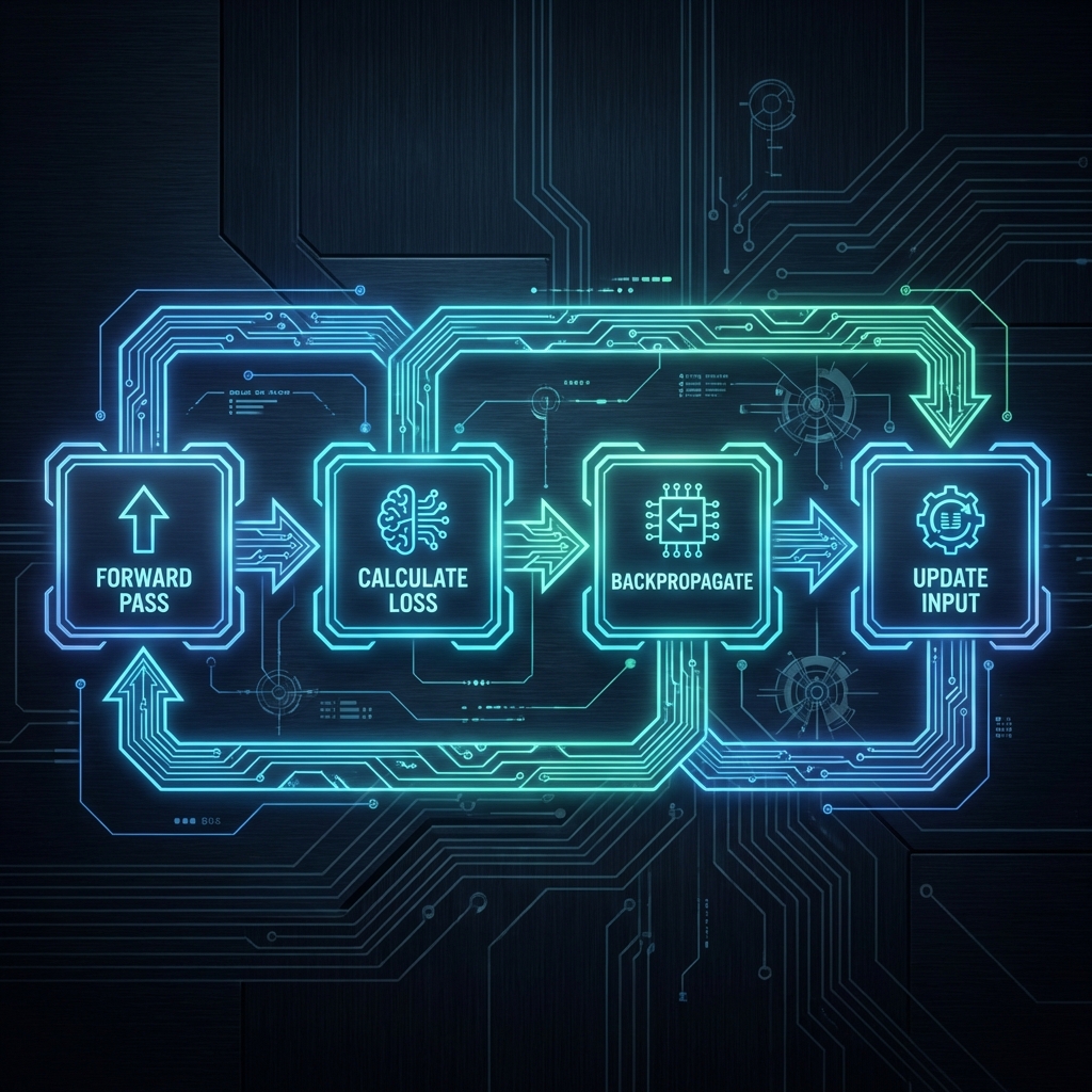 Sequential flowchart showing the gradient-based attack process: Forward Pass, Calculate Loss, Backpropagate, and Update Input.