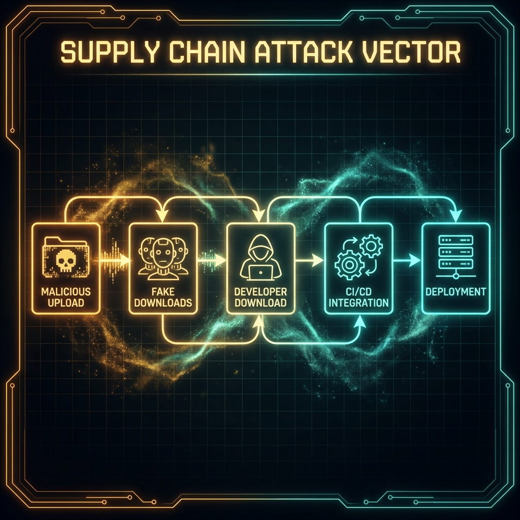 Sequential box diagram showing the model repository attack flow: Malicious Upload, Fake Downloads, Developer Download, CI/CD Integration, and Deployment.