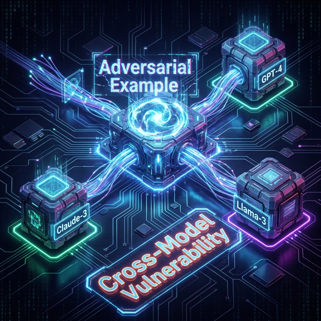 Hub and spoke diagram showing an adversarial example transferring from a central node to GPT-4, Llama-3, and Claude-3, illustrating cross-model vulnerability.