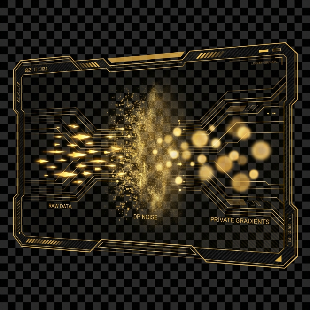Visual representation of Differential Privacy (DP-SGD) showing the addition of statistical noise to gradient updates to mask individual data point contributions.