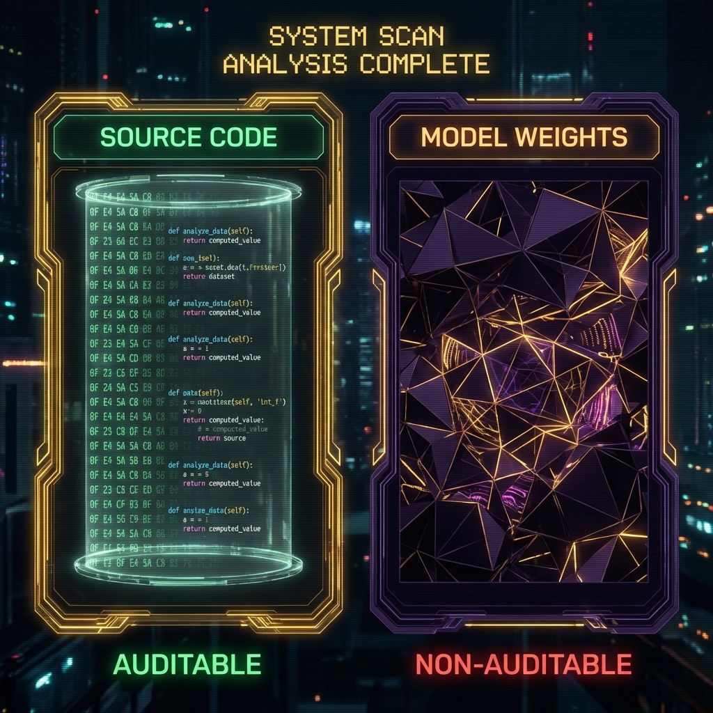 Side-by-side comparison showing human-readable source code versus an opaque geometric blob representing model weights, illustrating the difficulty of auditing models.