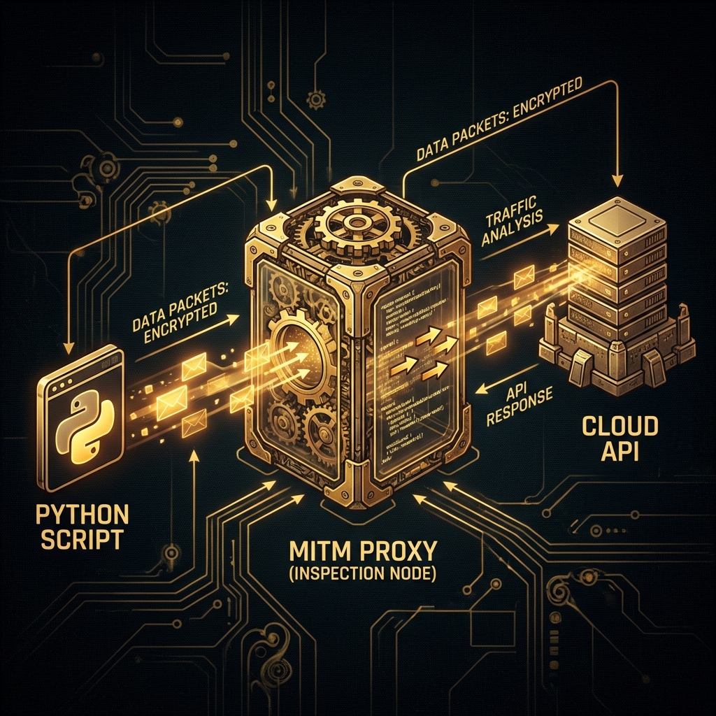 Network diagram showing API traffic interception and analysis using a proxy.