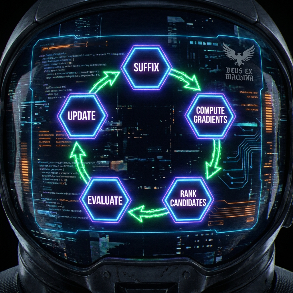 Iterative loop diagram for the GCG attack showing the cycle: Suffix, Compute Gradients, Rank Candidates, Evaluate, and Update.