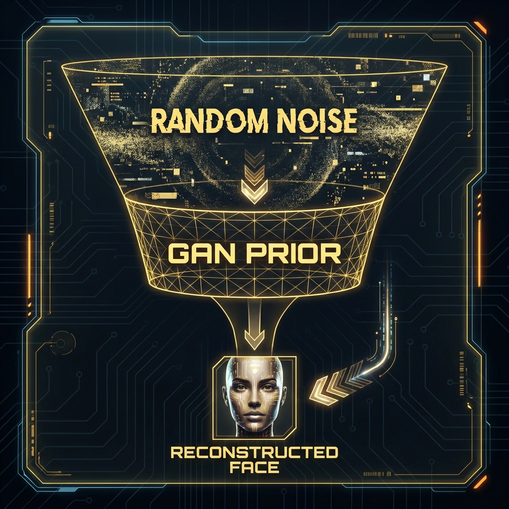 Funnel diagram showing how GAN Priors constrain the search space from random pixels to a realistic face manifold.